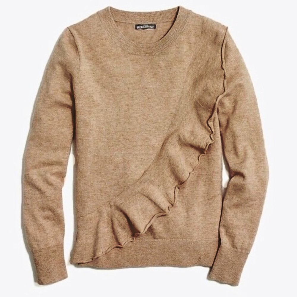 J. Crew Mercantile Ruffle Pullover Sweater Cotton Wool Camel Size Medium
